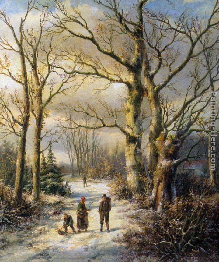 Woodgatherers in a Winter Forest painting - Hendrik Barend Koekkoek Woodgatherers in a Winter Forest art painting